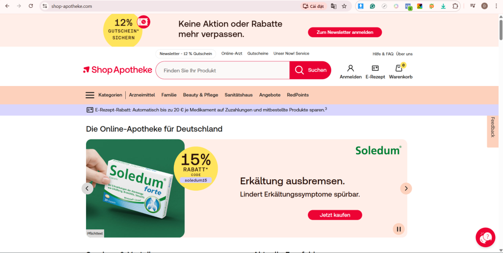 Mua hàng từ website shop Apotheke của Đức